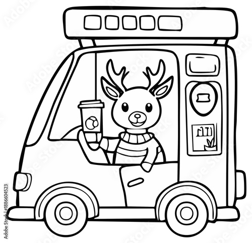 Line art Deer driving a Campervan with coffee