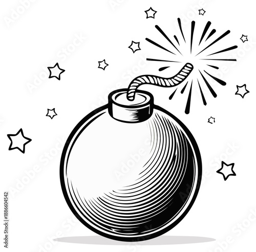 Vintage cartoon bomb with fuse lit and explosive sparks surrounded by stars