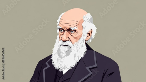 Portrait of an elderly man with white hair and beard wearing a black suit on gray background