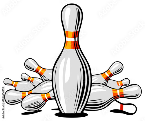 Bowling pins in cartoon style arrangement, strike concept