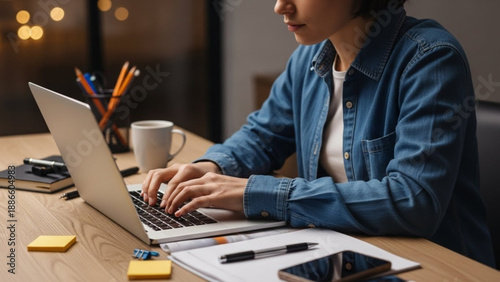 Person working on laptop at wooden desk with office supplies and coffee cup in cozy indoor setting