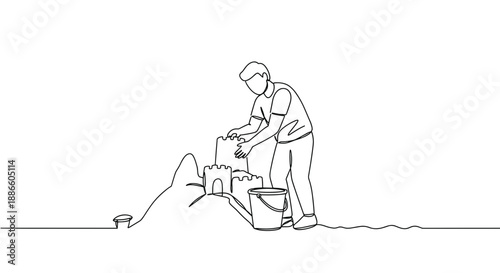 Line drawing of a child building a sandcastle on the beach with a bucket and spade on a sunny day on a transparent background
