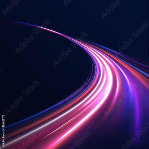 Neon light paths sweep across a deep blue space. The composition expresses acceleration, digital flow, and modern technology themes.