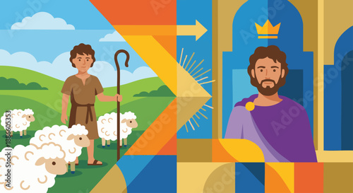 Split-scene flat vector composition showing David as a shepherd on one side with sheep and hills, and David as a leader on the other side with a crown symbol above him. Bible story