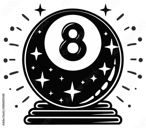 Monochrome Fortune Telling Eight Ball with Stars for Divination and Prediction
