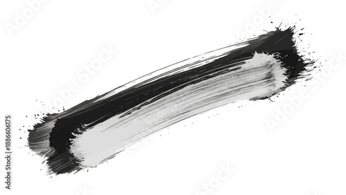 Black and white ink brush stroke with splatters on a white background