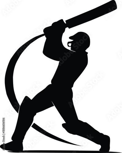 Silhouette of a cricket player in a powerful swing