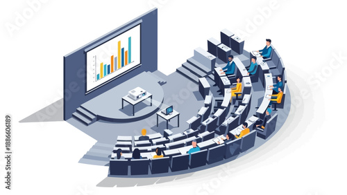 People in a modern lecture hall attending a presentation with charts.