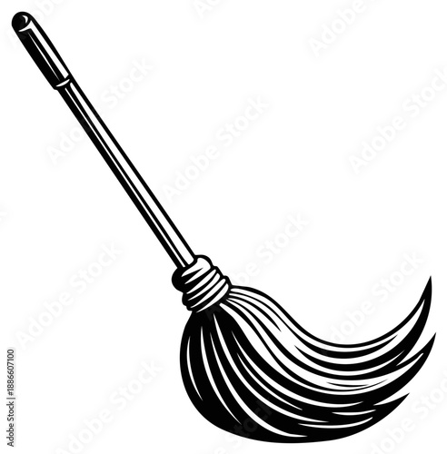 Vintage style black and white illustration of a traditional string mop for household cleaning