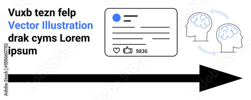 Social media, digital communication, data sharing, innovation, neuroscience, networking. A profile card with thumbs ups and shares, arrow and brains exchanging ideas. Social media and digital