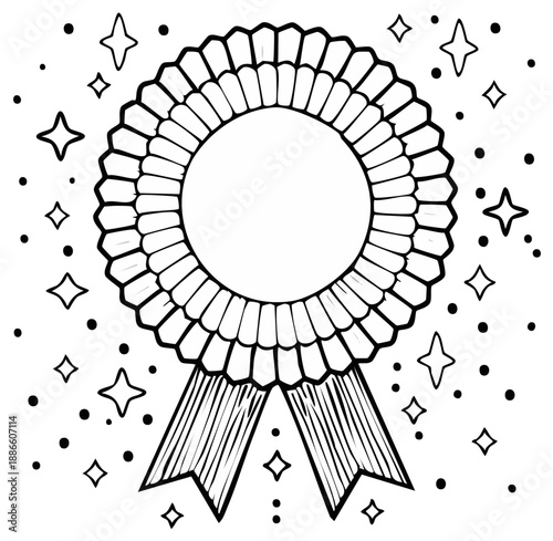 Hand Drawn Award Rosette with Ribbons and Stars Line Art Achievement Emblem