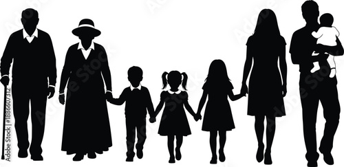 Multi Generation Family Silhouette Walking Together Grandparents Parents Children Holding Hands Love Unity Concept Isolated On White Background Illustration Design