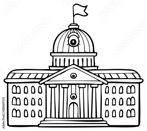 Funny cartoon government building with eyes as a monster or creature black and white line art vector illustration