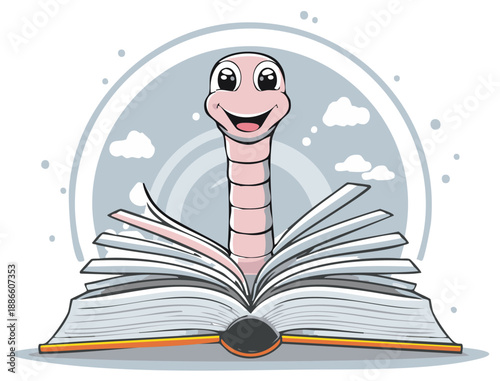 Smiling Worm Emerging from Open Book Offering Education or Promoting Literacy for Children