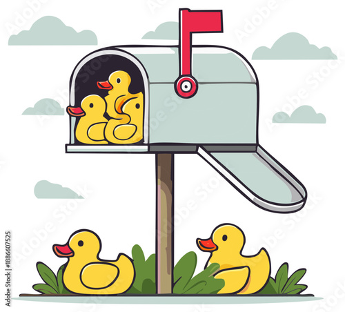 Whimsical cartoon yellow rubber ducks nestled inside and around a vintage metal mailbox with a red flag and green grass