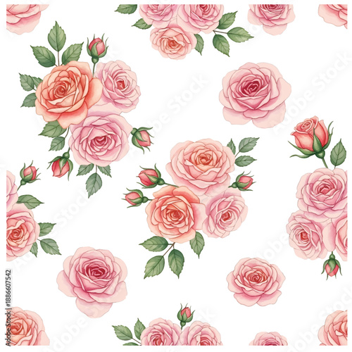Seamless rose floral pattern with pink roses and leaves for vintage romantic design