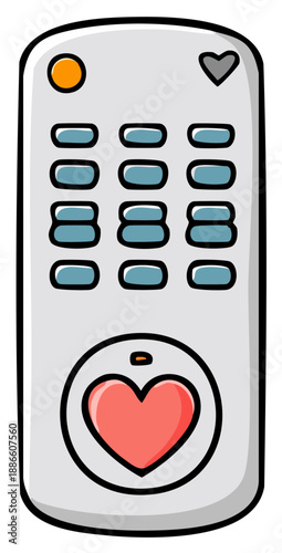 Cute cartoon television remote control with a prominent red heart button for favorites