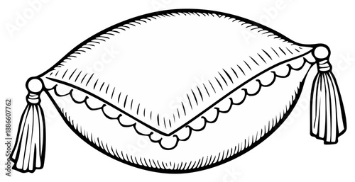 Ornate Decorative Pillow Cushion with Tassels Hand Drawn Style Illustration