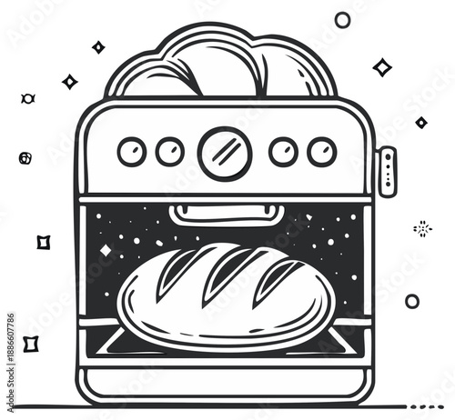 Outline Drawing of Freshly Baked Bread in Oven with Steam Clouds