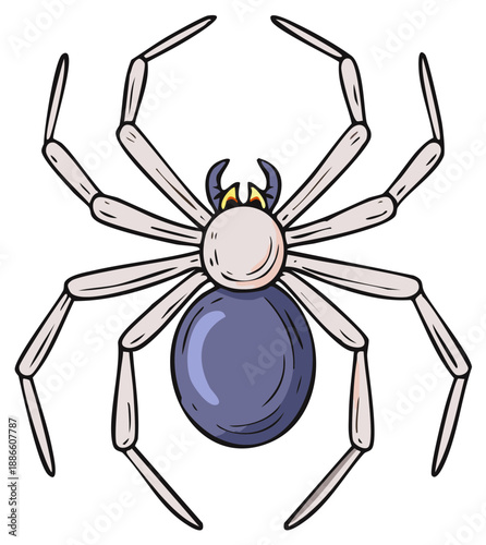 A hand drawn cartoon illustration of a spider with a purple abdomen and large fangs