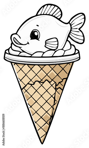 Cute cartoon fish character on ice cream cone with playful expression, whimsical treat illustration