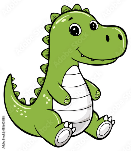 Cartoon dinosaur smiling sitting pose, cheerful reptilian illustration.