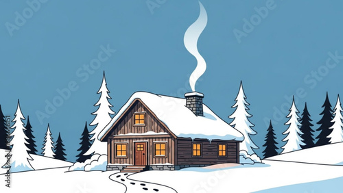 Cozy wooden cabin in a snowy forest with smoke rising from the chimney representing winter comfort and isolation