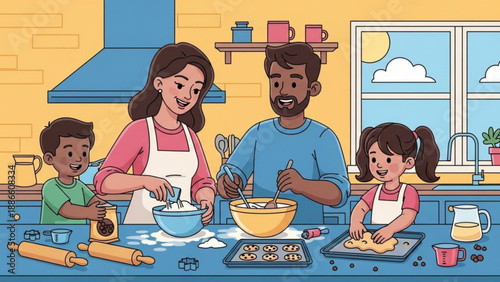 Family baking cookies together in a cozy kitchen happy parents and children enjoying a fun activity illustration for home and lifestyle concepts