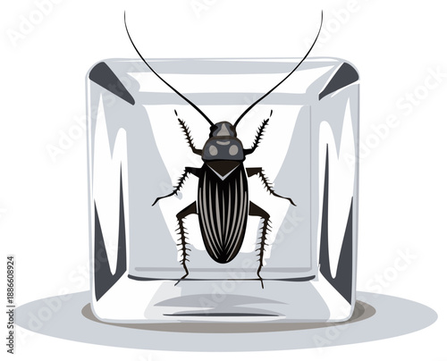 Cockroach trapped inside a clear ice cube insect illustration