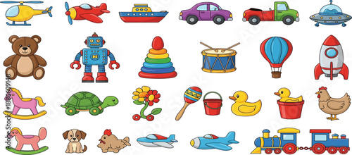 Large Collection of Colorful Cartoon Toy Icons for Kids Featuring Transportation Vehicles Animals Musical Instruments Robots and Educational Play Elements Isolated on White Background Set