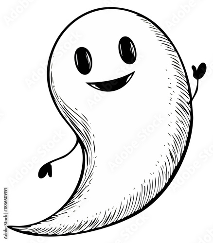 Friendly Ghost Cartoon Illustration Waving Hand Cute Halloween Character Spooky Figure