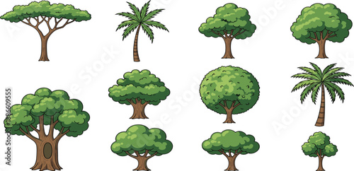 Set of diverse cartoon green trees including palm trees and oak trees isolated on white background for game design nature landscape and environment assets