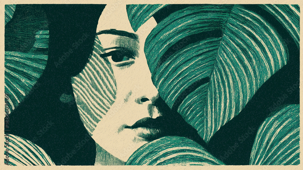 custom made wallpaper toronto digitalArtistic Linocut Style Woman Portrait Peeking Through Monstera Leaves – Botanical Fashion Print on Natural Paper