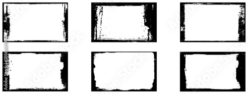 Grunge photo frame collection with torn rough edges. Bold retro photo rectangle frames for social media. Bold brush drawn texture overlays. Rectangle border with paint smears. Snow borders.