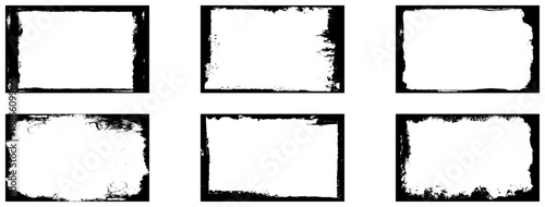 Grunge photo banner set isolated on white background. Black paint brush stroke border pattern, retro halftone dust overlay frame and crack wall silhouette with dirty ink splash. 