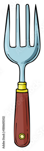 Silver Fork with Wooden Handle Isolated on White Background, Cartoon Cutlery Illustration