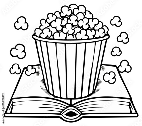 Popcorn bucket overflowing on open book with steam suggesting imagination and stories