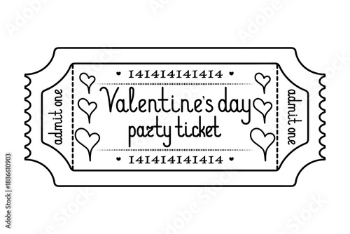 Valentine's Day party ticket, admit one. A frame of elongated hearts decorates the coupon.