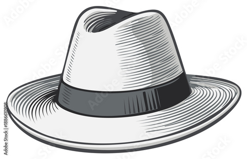 Classic fedora hat with dark band and textured brim in a sketched style