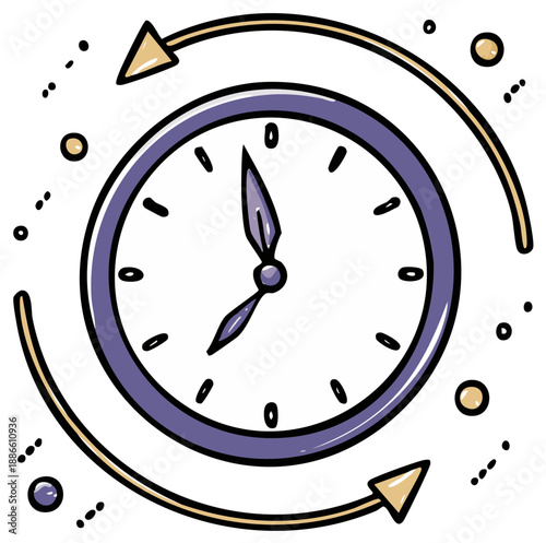 Clock face with arrows in circular motion around to represent time management or time flow