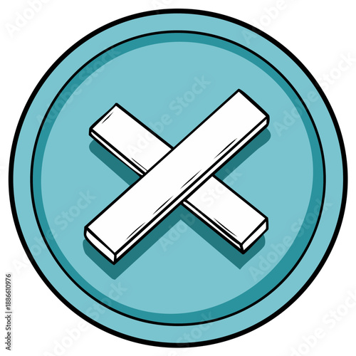 Crossed wooden planks within a blue circle illustration, prohibition symbol concept.