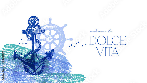 Vintage travel background. Sea nautical design. Hand drawn sketch crayon illustration. Collage concept banner