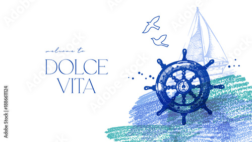 Vintage travel background. Sea nautical design. Hand drawn sketch crayon illustration. Collage concept banner