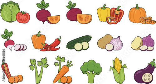Assorted Fresh Vegetables Illustration Set Featuring Peppers, Carrots, Broccoli, Corn, Eggplant, and More in Flat Vector Style
