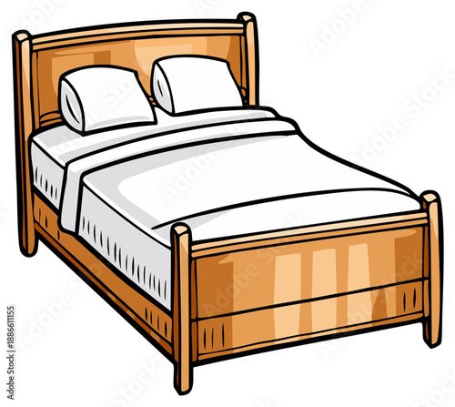 Cartoon illustration of a comfortable wooden bed with pillows and bedding