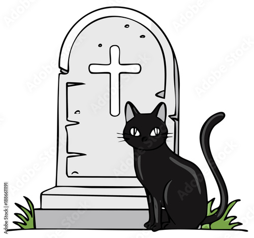 Cartoon black cat sits beside gravestone with cross, Halloween illustration.