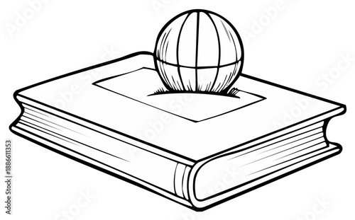 Book and globe outline in monochrome, Education, Illustration, Learning, and Knowledge.