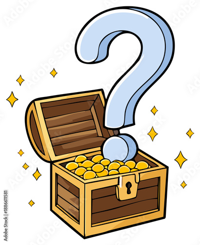Open treasure chest filled with gold coins and a question mark symbol