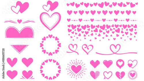 Large set of hand-drawn pink hearts and decorative love elements for Valentine’s Day designs and romantic illustrations.