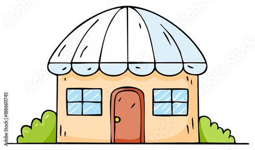 Cartoon Style House with Windows Door and Bush Illustration Flat Design